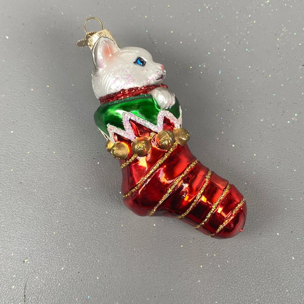 Old World Christmas Kitten in Stocking Glass Ornament White Cat Red 12154